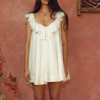 Fairy Layered Ruffle Trim V Neck Sleeveless Open Back Loose A-line Mini Babydoll Dress with Belt