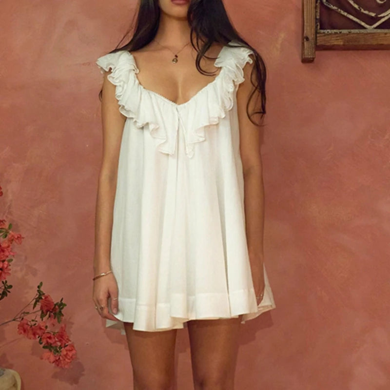 Fairy Layered Ruffle Trim V Neck Sleeveless Open Back Loose A-line Mini Babydoll Dress with Belt
