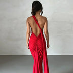 One Shoulder Backless Ruched Slim Long Dress