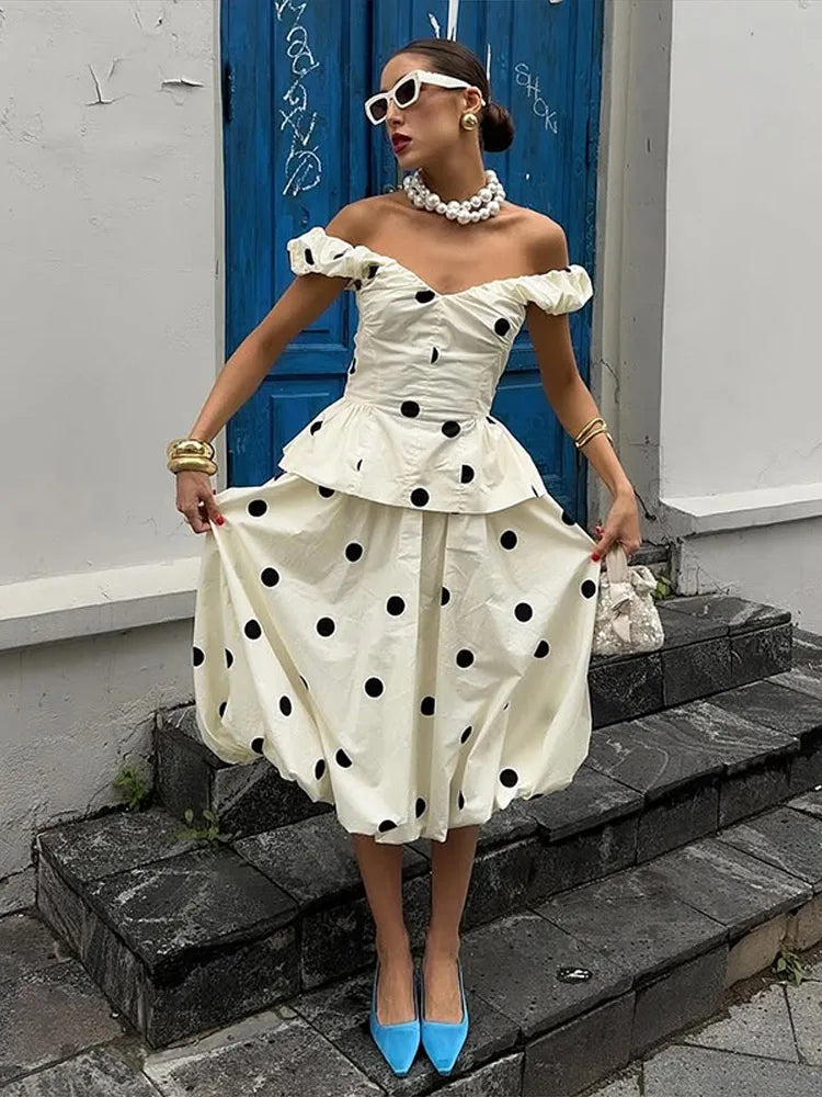 Fashion Women's Lady Suit Halter A-line Tops Bud Loose Skirt Polka Dot Set