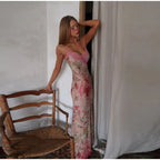 Sexy Lace Print Long Dress Women Slim Sleeveless V-neck