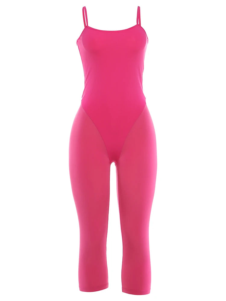 Slim Backless Playsuit With Low Neck High Waist Silhouette Ultra Stretch Sporty Romper