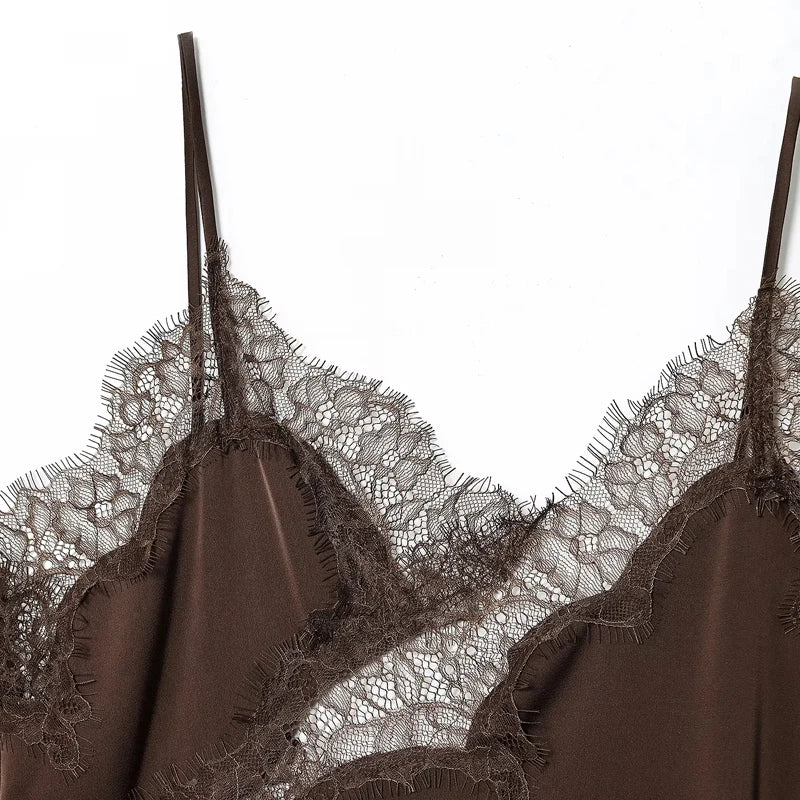 Satin Elegant Backless Lace Slip Dress