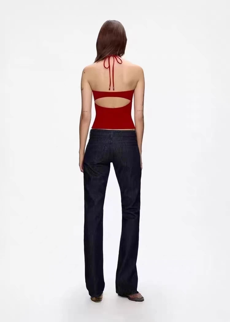 Lace Up Halter Tank And Suspender Long-sleeves Open Back Design For Chic Vibe