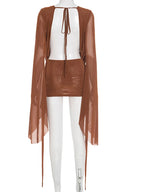 Ruched Sheer Mesh Dress With Flare Sleeves V Neck