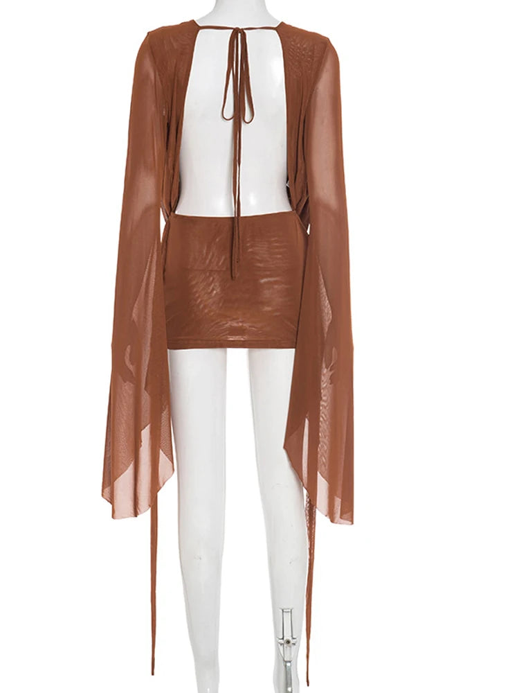 Ruched Sheer Mesh Dress With Flare Sleeves V Neck