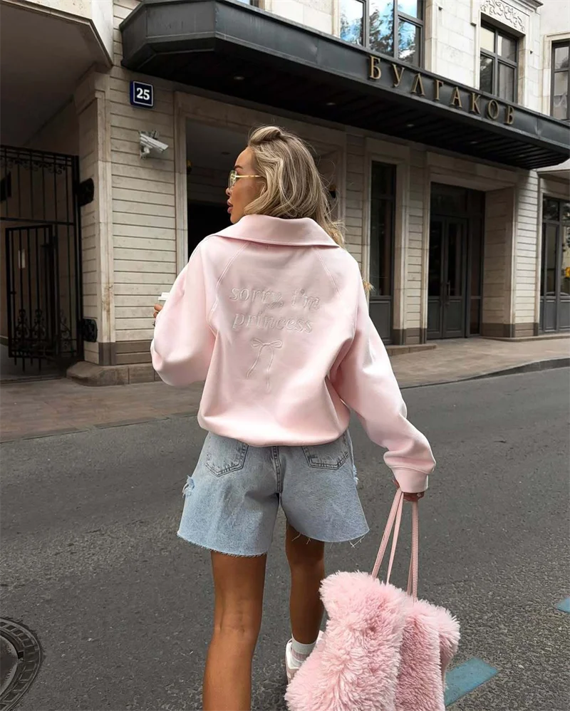 Fashion Women Pink Sweatshirt Vintage  Pullover Loose Half Zip Letter Embroidery Outwear