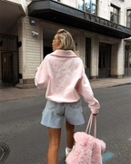 Fashion Women Pink Sweatshirt Vintage  Pullover Loose Half Zip Letter Embroidery Outwear