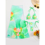 Flowers Printed With Skirt Halter Bikini Three-pieces Bikini set