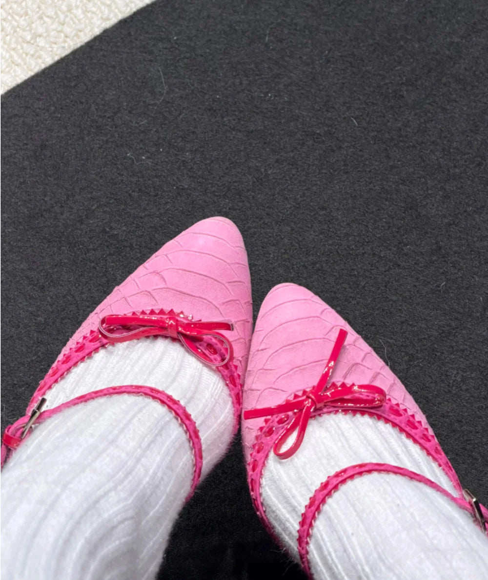 Vivid Pink Pointed Toe Pumps With Bow Strap Croc Embossed Detail
