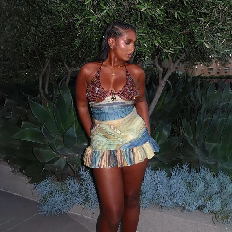 Sunlit Beach Crystal Knit Patchwork Halter Set With Lace Up Backless Top And Ruffle Printed Skirt