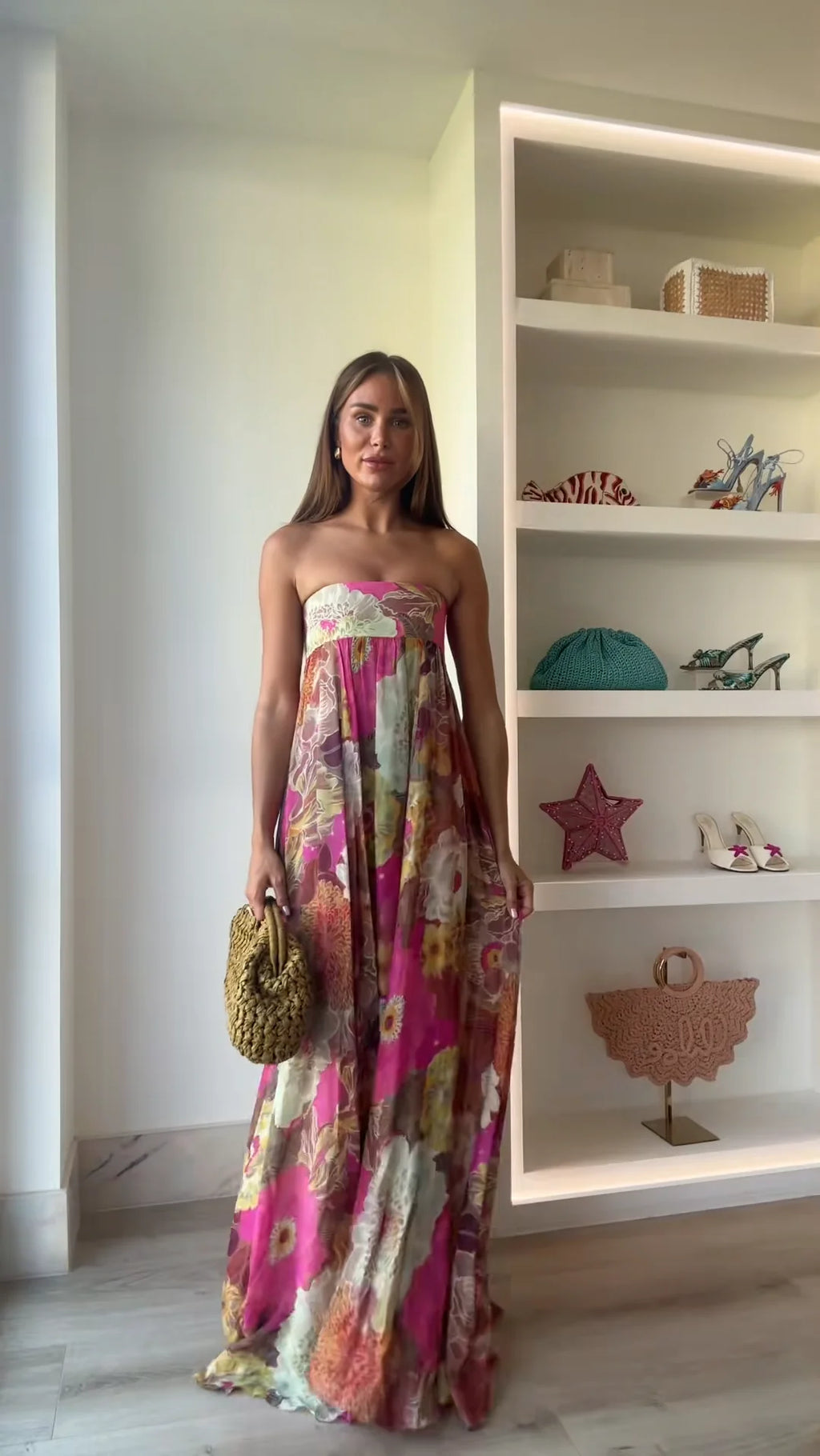 Printed Strapless Maxi Dress Elegant Off Shoulder Backless Gown High Waist