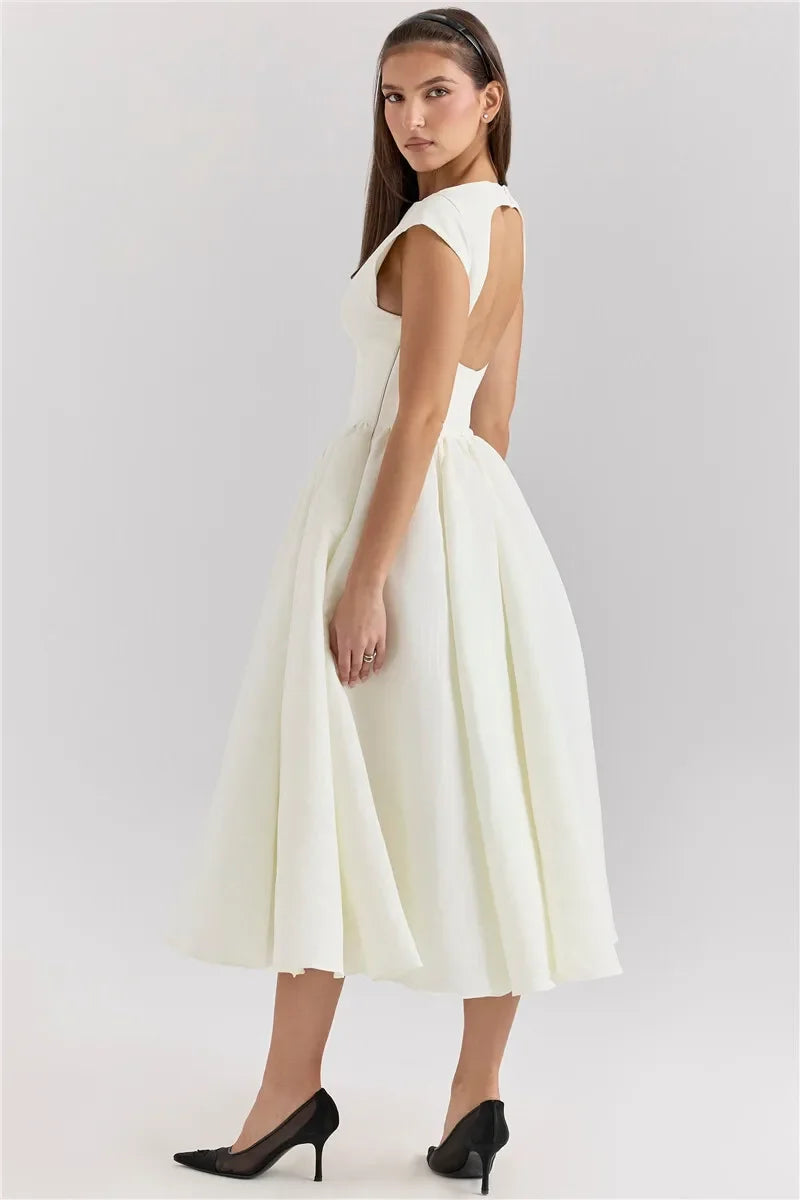 Chic Circle Cutout Back Midi Dress With Fluffy Hem