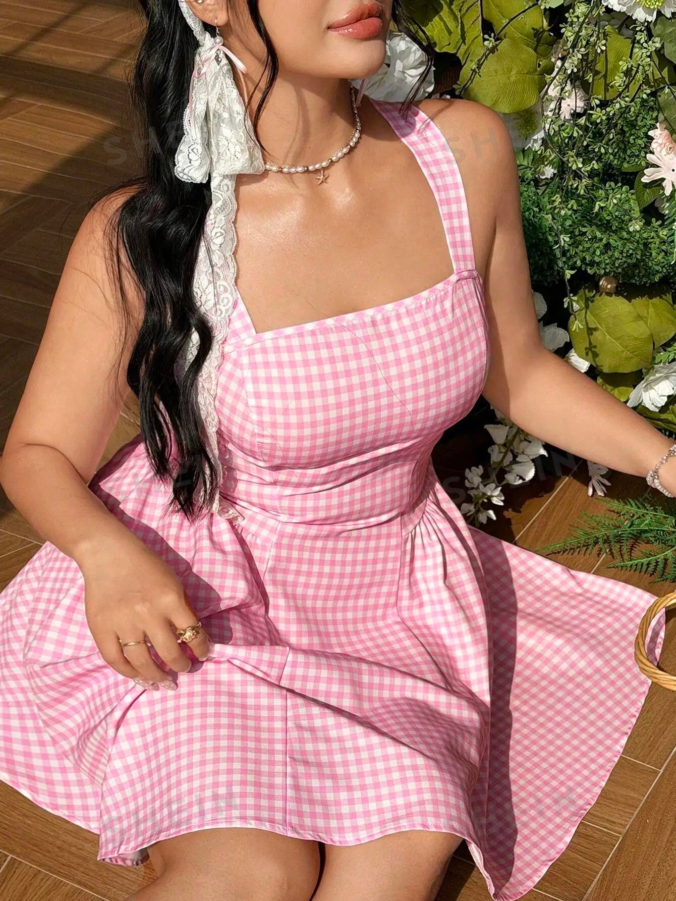 Plus Size Plaid Spaghetti Strap Mini Dress With Elegant Waist Cinching