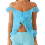 Ruched Ruffle Split Front Crop Top With Off Shoulder Backless