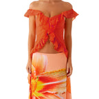 Ruched Ruffle Split Front Crop Top With Off Shoulder Backless