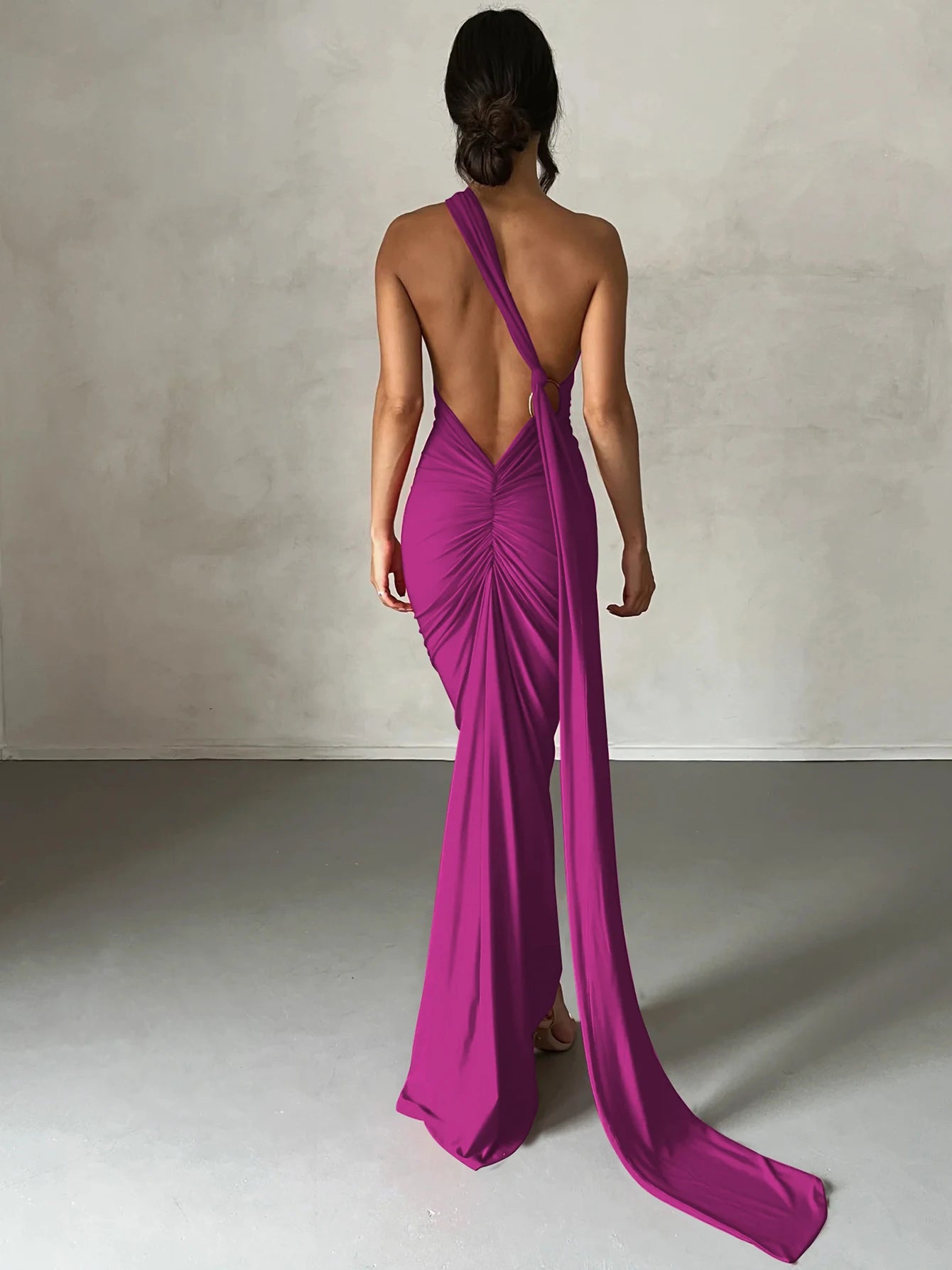 One Shoulder Backless Ruched Dress