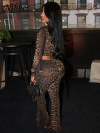See Through two piece Set With Full Sleeve Crop Top And Skinny Pants