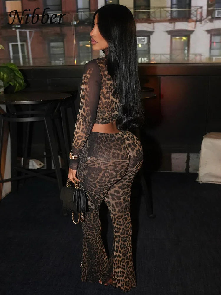 See Through two piece Set With Full Sleeve Crop Top And Skinny Pants