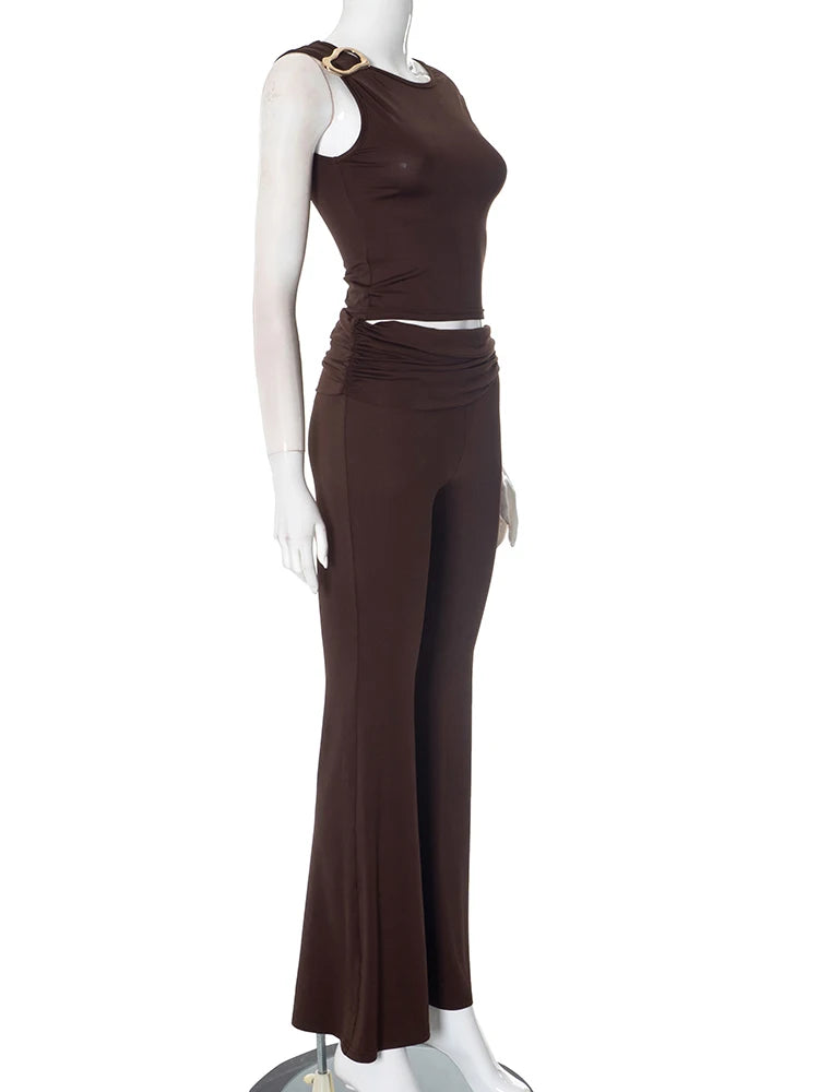 Two Piece Set Crop Tank And Pleated Skinny Flare Pants