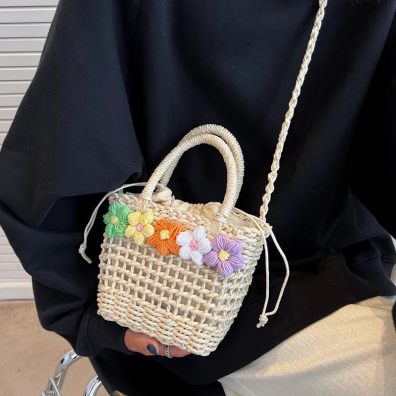 Straw Woven Shoulder Bag With Floral Details