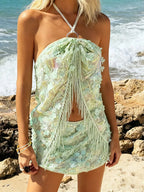 Sequin Fringe Halter Two Piece Set Off Shoulder Top And Elastic Waist Bottom