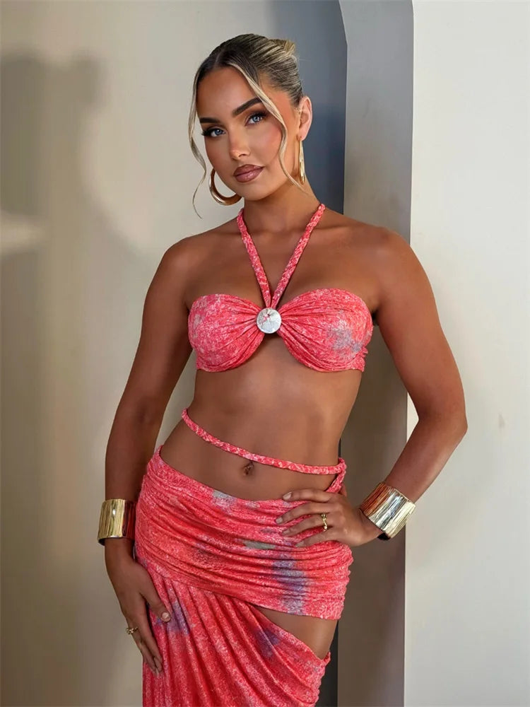 Two Piece Halter Top And Hollow Slash Maxi Skirt Set