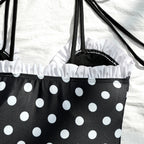 Vintage Black Polka Dot One Piece Swimsuit With Hollow Out Front And Bow Ruffle Lace Trim