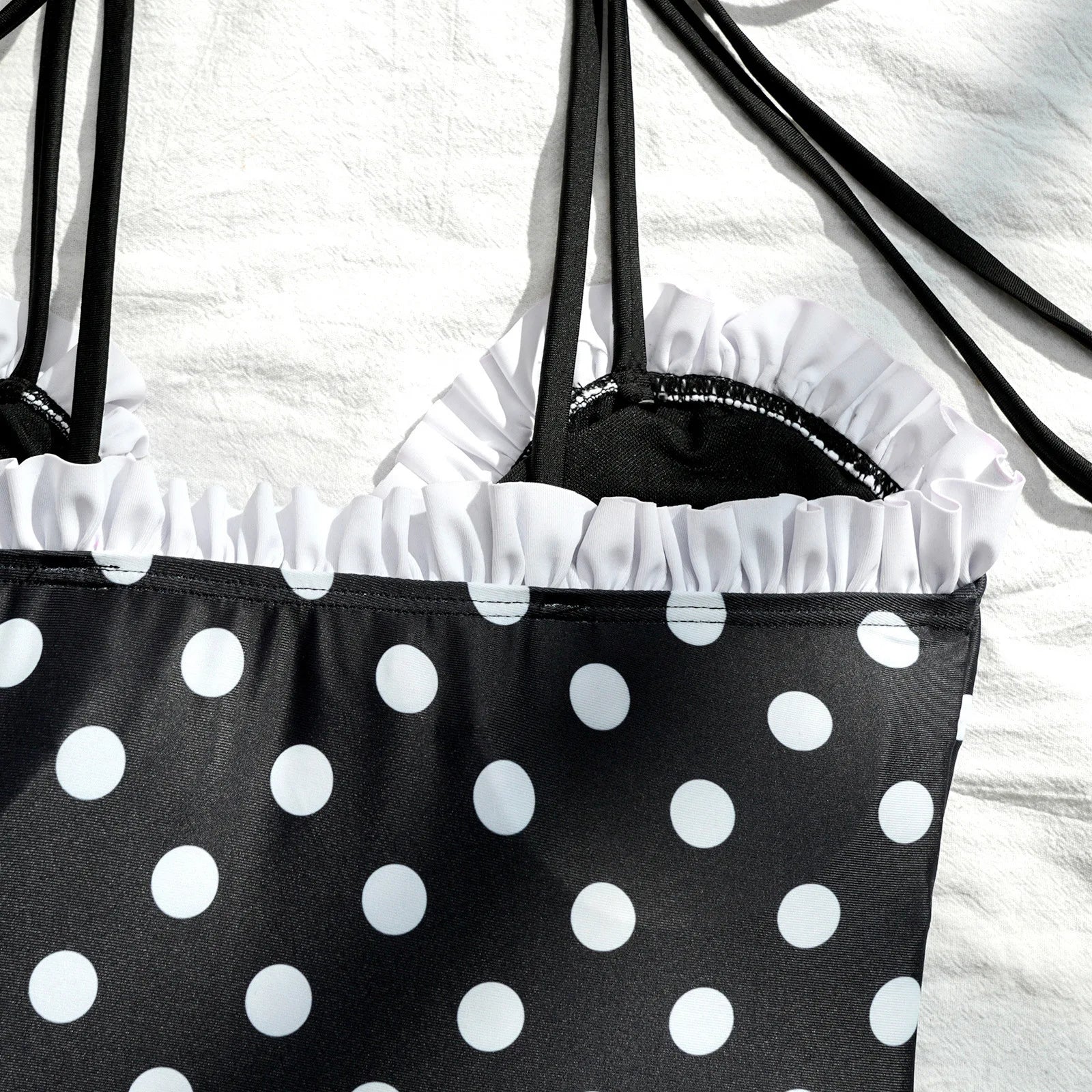 Vintage Black Polka Dot One Piece Swimsuit With Hollow Out Front And Bow Ruffle Lace Trim