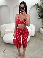 Sexy Polka Dot Night Out Set With Strapless Crop Top And Capri Pants