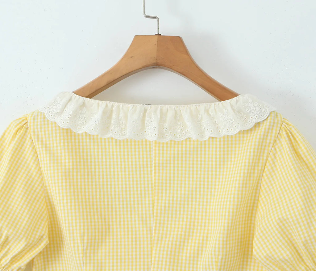 Yellow Gingham Lace Top And Skirt Set Vintage