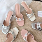 Women's Non-slip Stiletto Satin Rhinestone Square-toe High-heeled Slippers