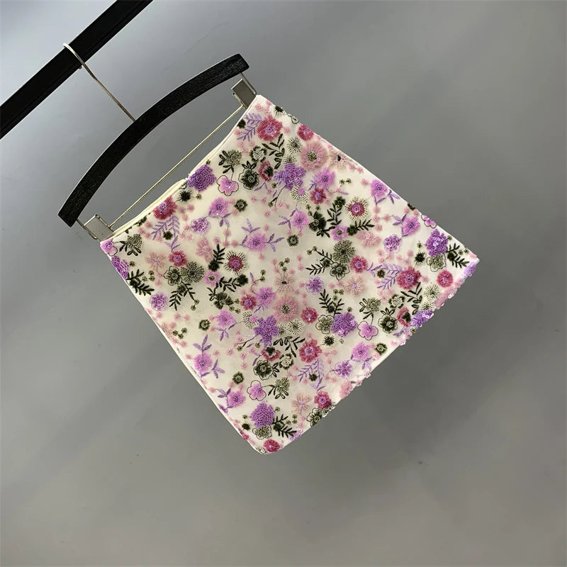 Floral Sequined Mini Skirt With High Waist Glam Inspired Retro Vibe