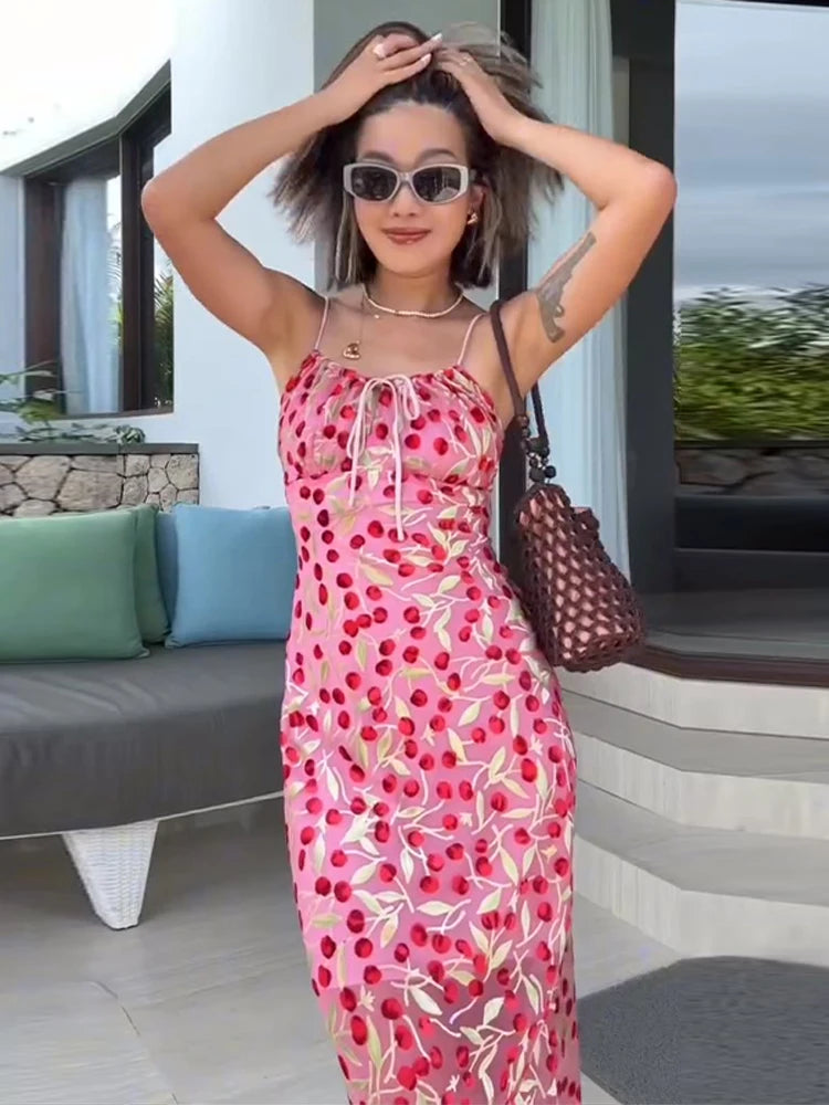 Retro Floral Lace Up Backless Maxi Dress