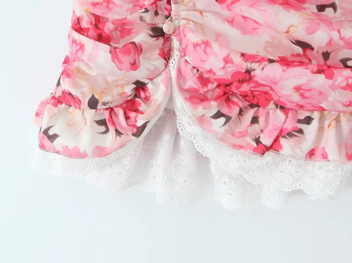Boho Floral Print 2 Pieces Skirts Set Holiday Summer Women Sexy Backless Halter Top + Mini Skirt