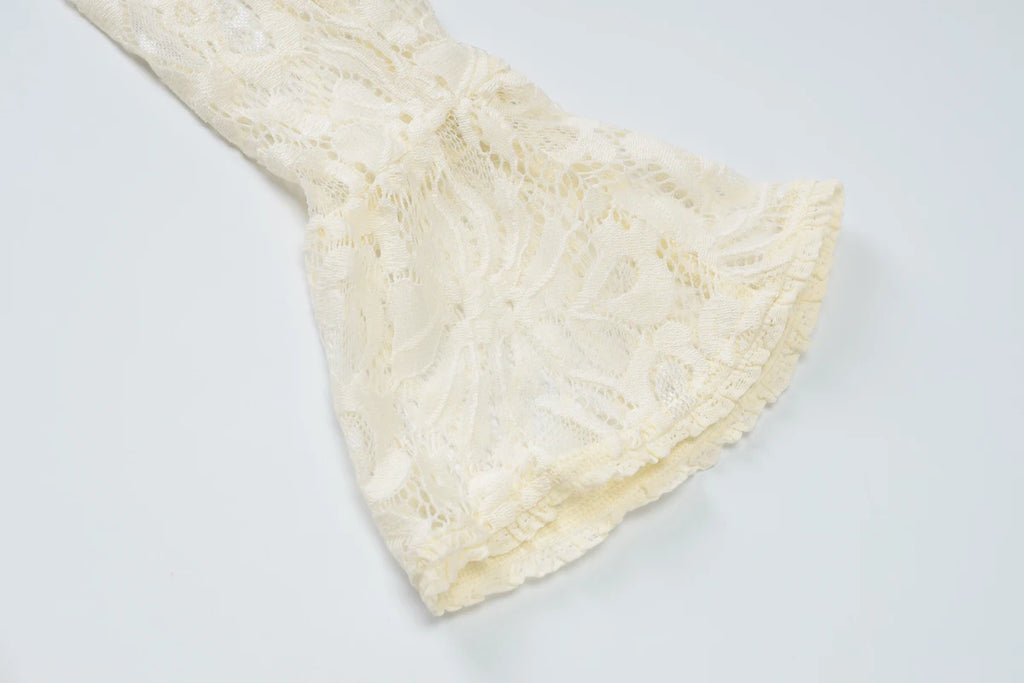 Lace Patchwork Hollow Out Mini Dress With Turtleneck And Long Flare Sleeves