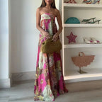 Off Shoulder Pleated Long Party Dress With Print