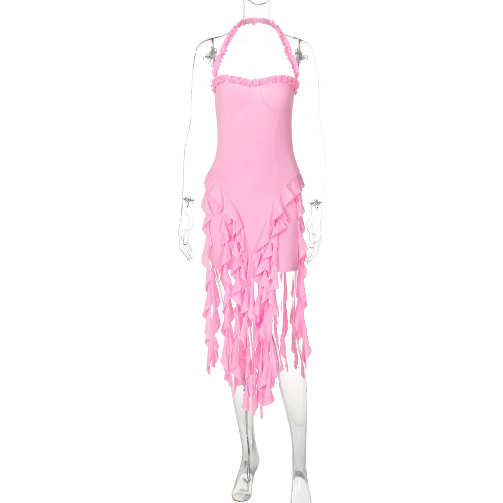 Elegant Halter Backless Ruffles Mini Dress Slim Fit With Tassel Detail