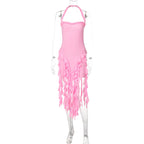 Elegant Halter Backless Ruffles Mini Dress Slim Fit With Tassel Detail