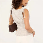 Gingham Tie Shoulder Tank Top With Shirred Ruffle Babydoll Silhouette Vintage Inspired