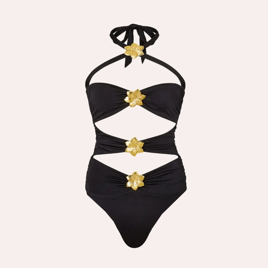 Off Shoulder Patchwork Belted One Piece Swimsuit With Cover Up for Beachside