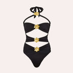 Off Shoulder Patchwork Belted One Piece Swimsuit With Cover Up for Beachside