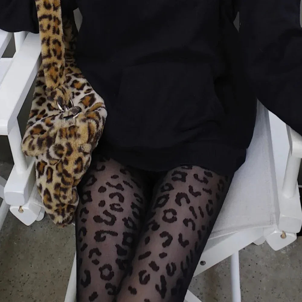 Leopard Pattern Sheer Pantyhose In Gothic Black Silky Finish Vintage Look Stockings