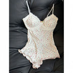 Charming Floral Print Lace Trim Slim Fit Sleeveless Bodysuit