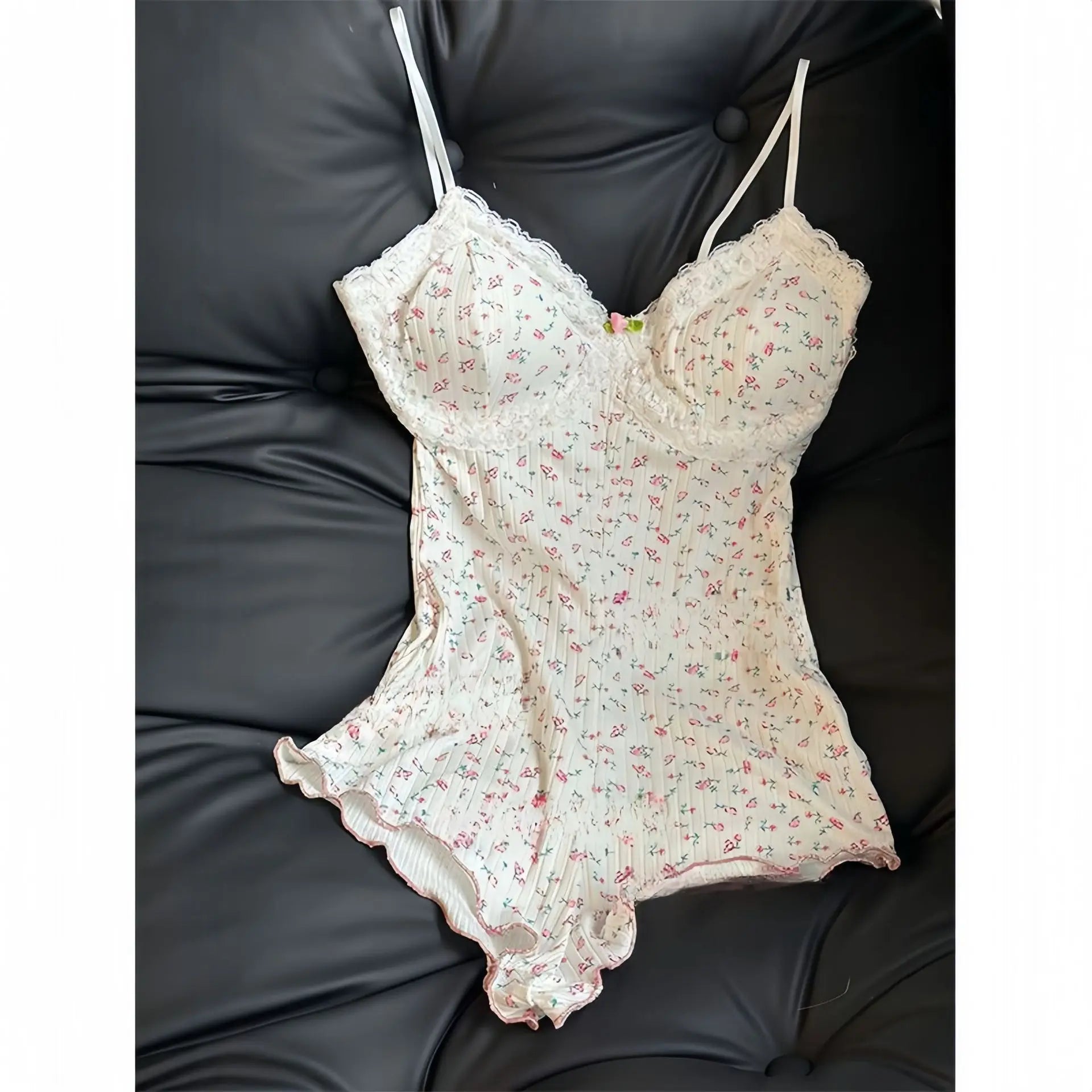Charming Floral Print Lace Trim Slim Fit Sleeveless Bodysuit