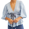 Bow Tie Front Blouse With Long Puff Sleeves V Neck Babydoll Peplum Ruffle Pleats