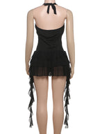 Boho Halter Playsuit With Tiered Ruffles And Tassels And V Neck Backless Romper
