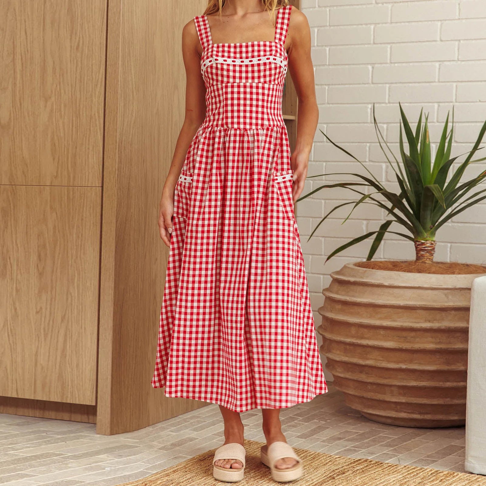 Gingham Maxi Dress With Wide Straps For Cottagecore Summer