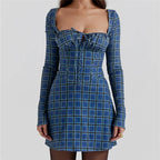 Women Lace Bodycon Mini Square Neck Long Sleeve Bustier Dress