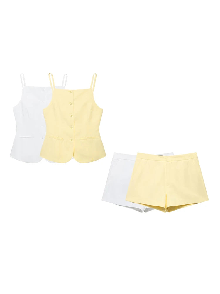 Buttoned Waistcoat Two Piece Shorts Set With Mid-Waist Pockets